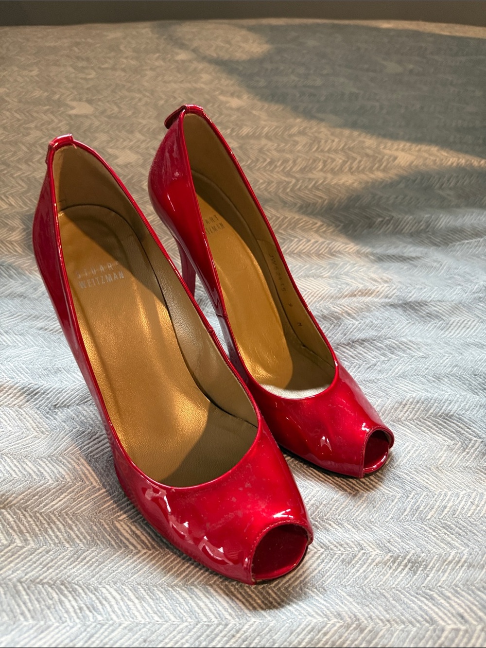 Stuart Weitzman Red Patent Peep-Toe Heels